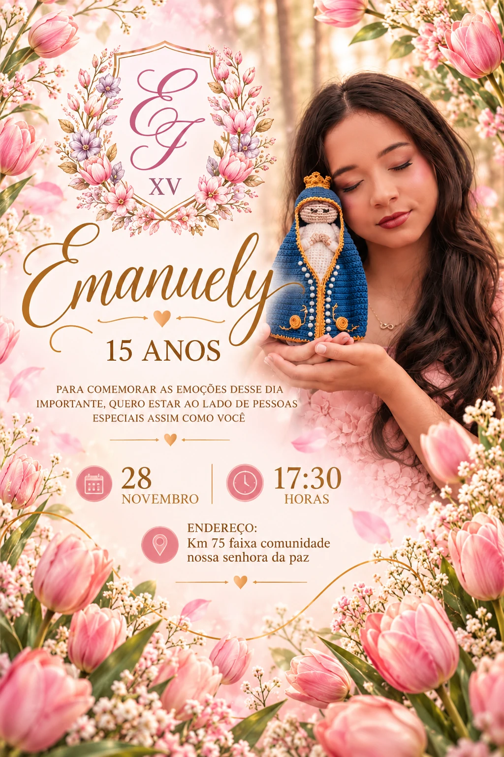 Convite de 15 anos de Emanuely com data, horário e endereço